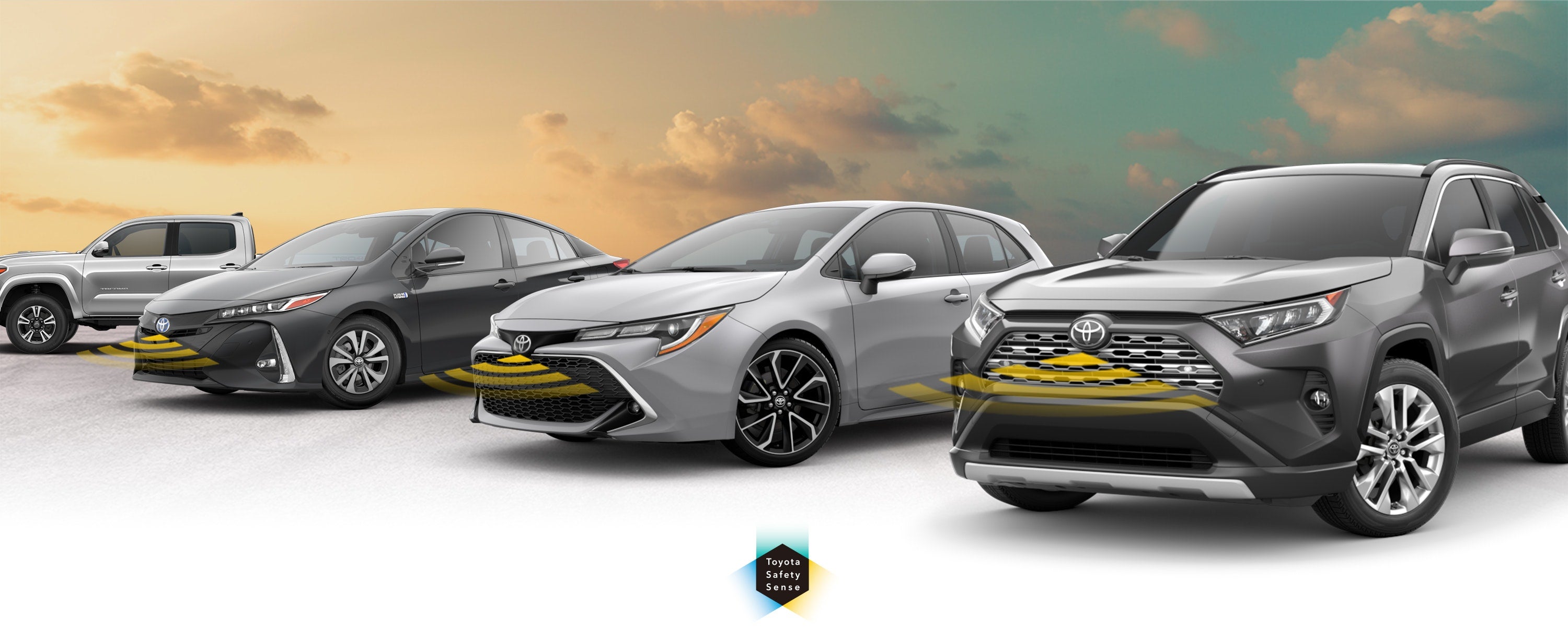 Toyota Safety Sense: Designed for Safety. Options shown on Toyota models including RAV4, Tacoma, and Camry, available now at Ken Ganley Toyota PA in Pleasant Hills PA.