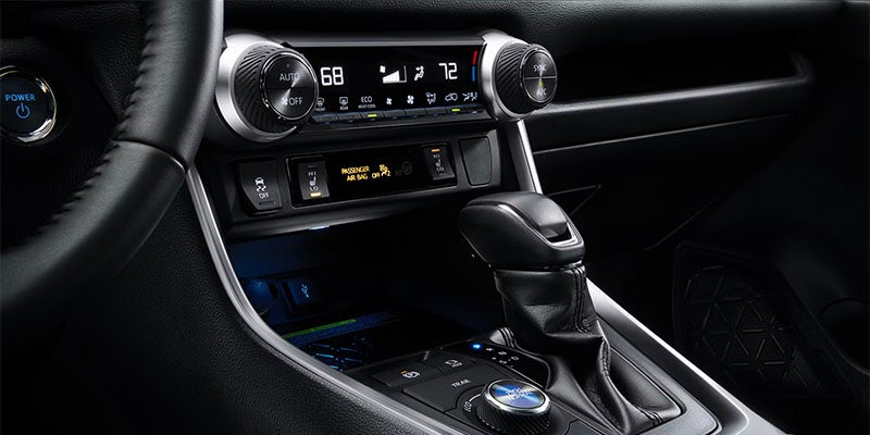 The center console and infotainment system of the 2025 Toyota RAV4 Hybrid in Pleasant Hills, PA
